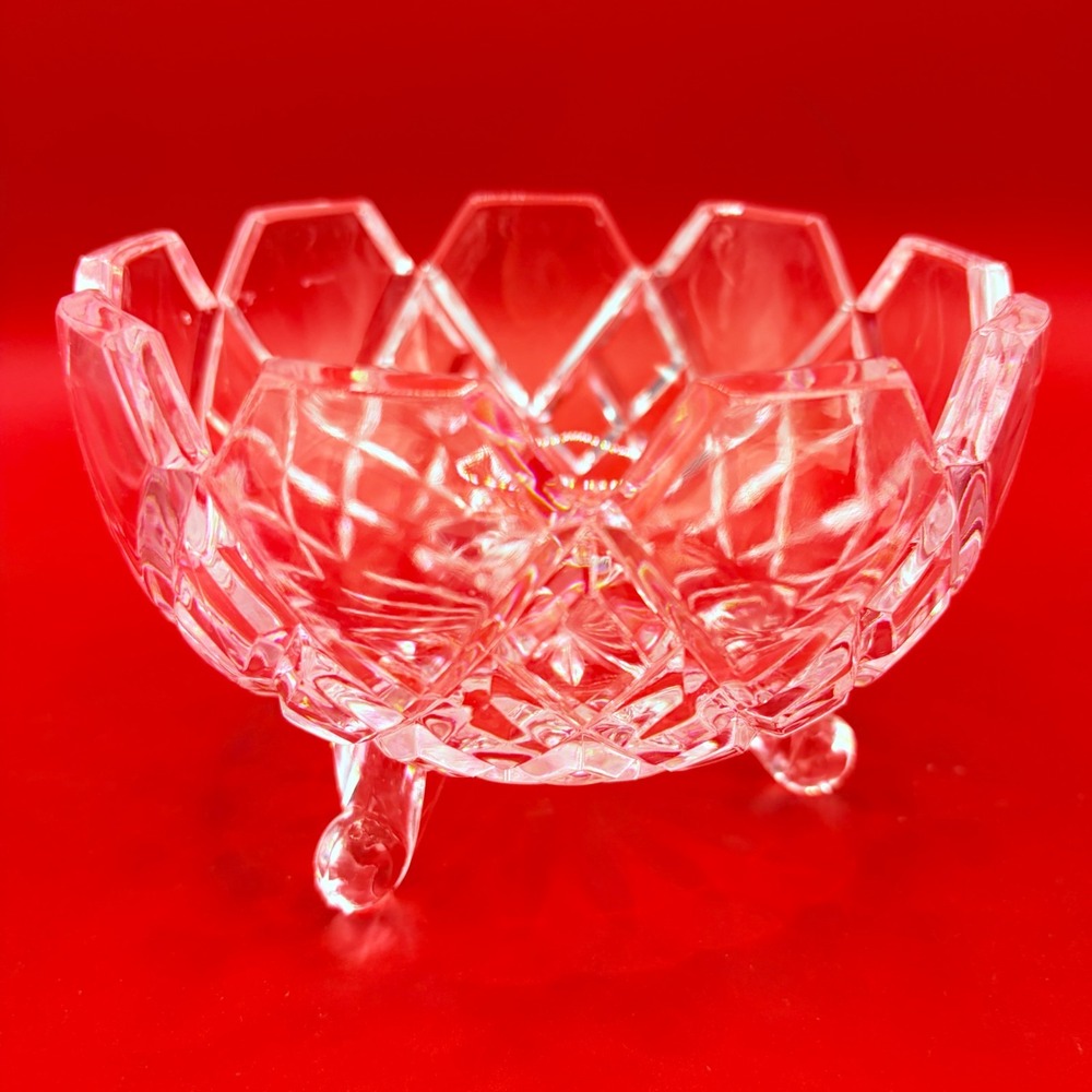 Indiana Glass Diamond Point Clear 3 Footed Pedestal Candy Dish Bowl Vintage 5"
